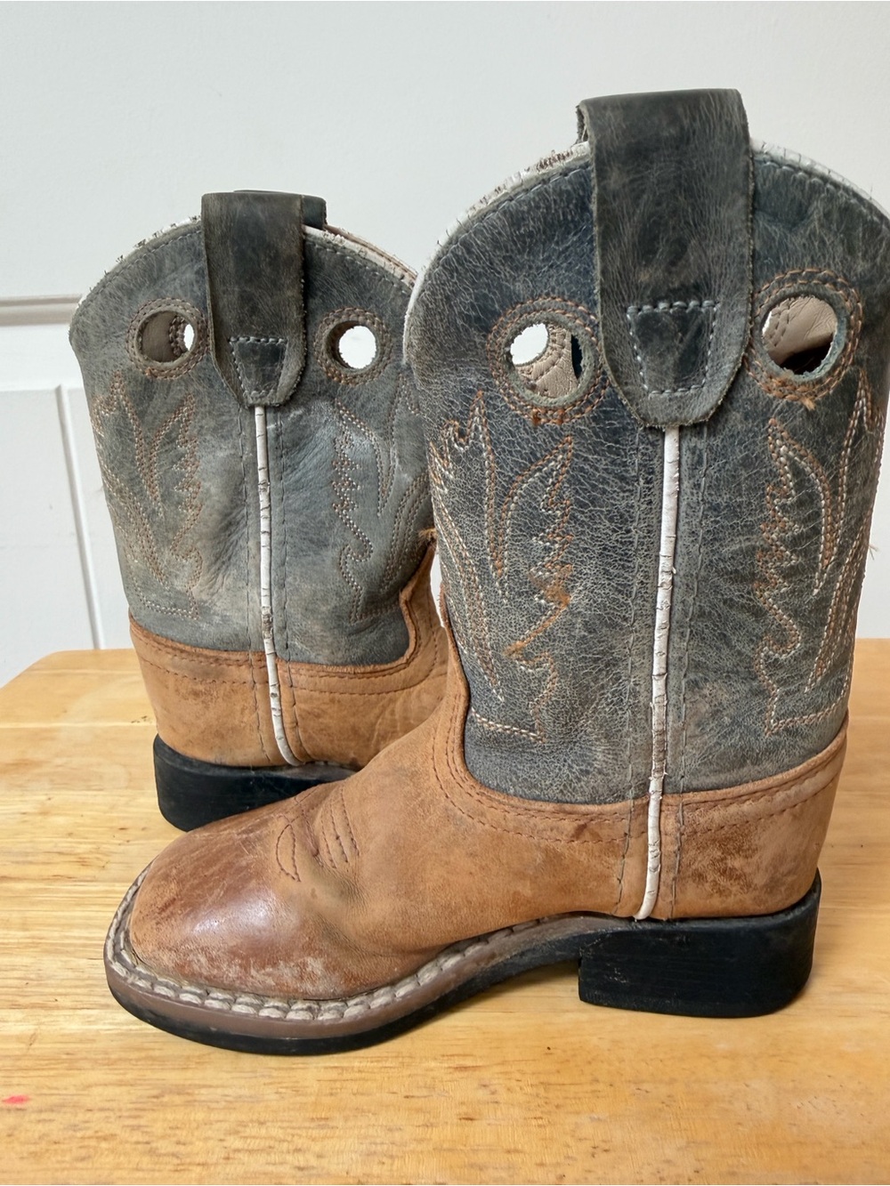 Little Boys Western Cowboy Boots Tan Leather Distressed Shaft Square Toe